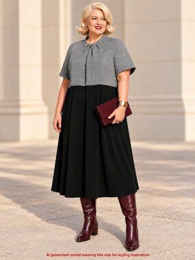 Dark Academia HOMEYEE 4X Herringbone Colorblock Midi Dress New